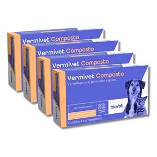 Kit 4 Caixas Vermífugo Vermivet Composto - 4 Comprimidos 600mg Cada - Cães e Gatos - Biovet em Oferta na Shopee