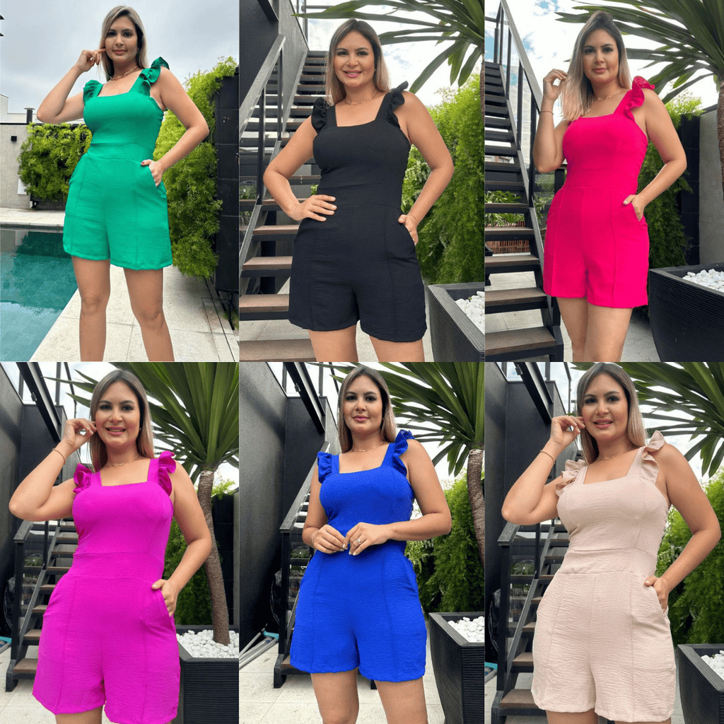 Macaquinho Feminino Macacão Curto Forrado Casual Duna Verão Com Bolso Manga Babado Liso Promoção