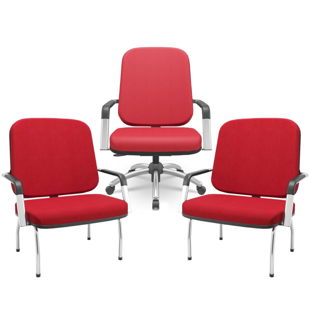 Kit Cadeira de Escritório Giratória e 2 Cadeiras Fixas Cromada Magno P03 Crepe Vermelho - Lyam Decor