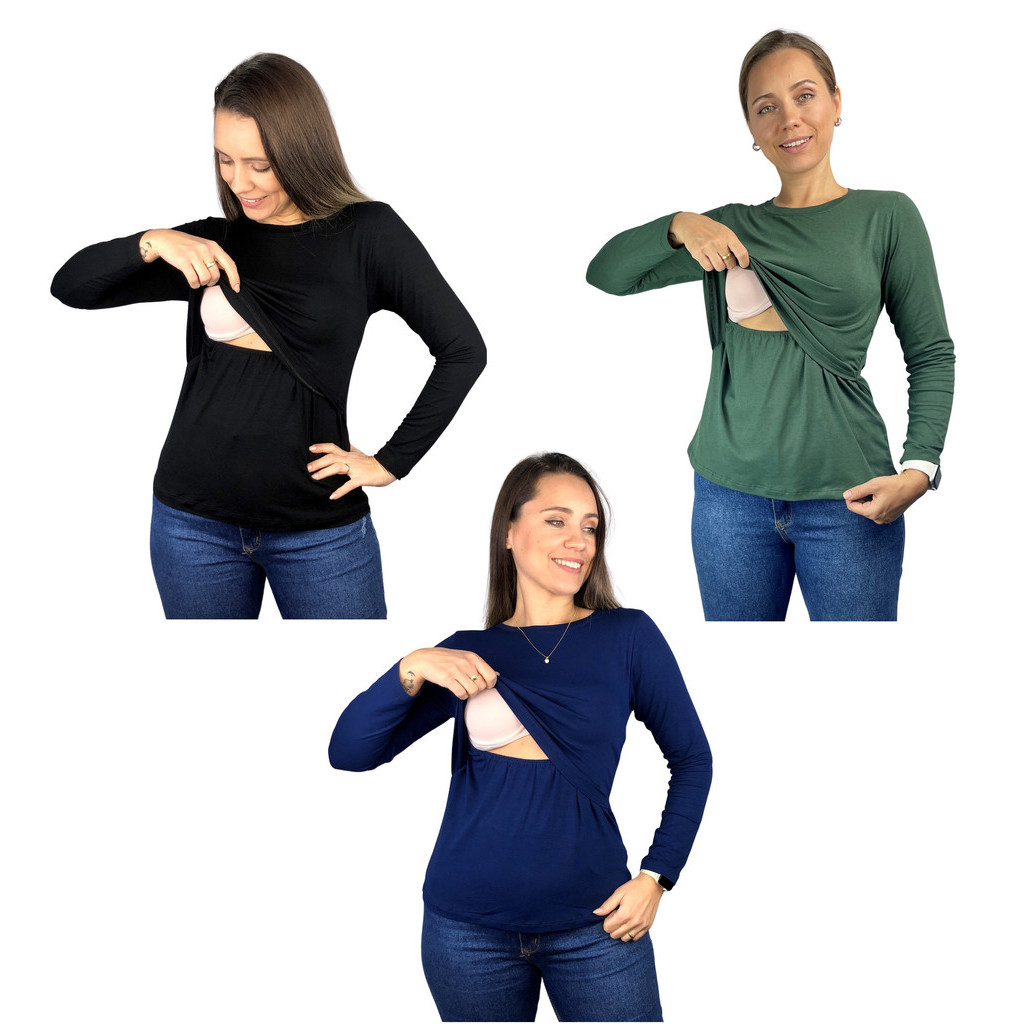 Kit 3 Blusa Amamentação Diversas Cores Premium Camiseta Manga Longa Gestante Grávida Maternidade em Oferta na Shopee