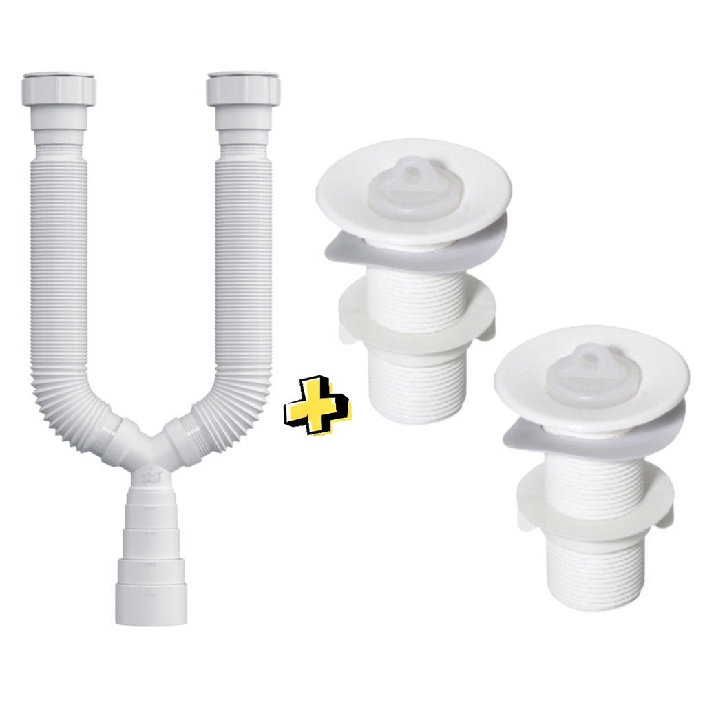 Sifão Duplo Sanfonado + 2 Válvula Pia Lavatório e Tanque PVC Branca S/ Ladrão Universal