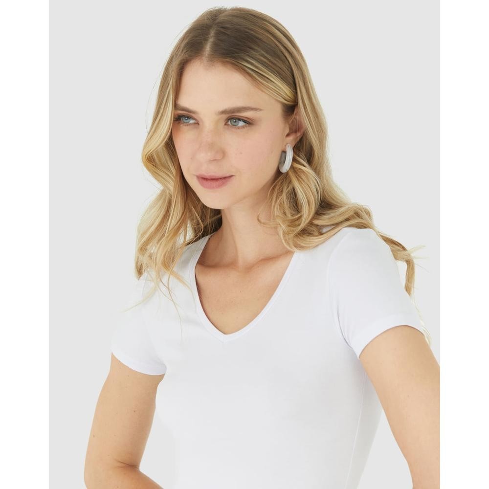 Detalhes do Blusa Básica Feminina Decote V Em Viscose Stretch