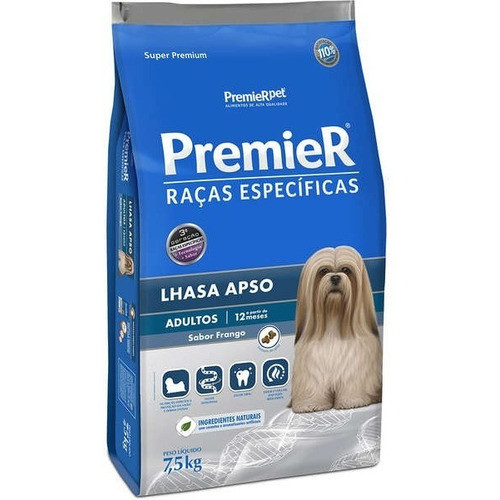 Alimento Premier Raças Específicas Lhasa Apso 7,5Kg Ração Cães Adultos Sabor Frango Super Premium