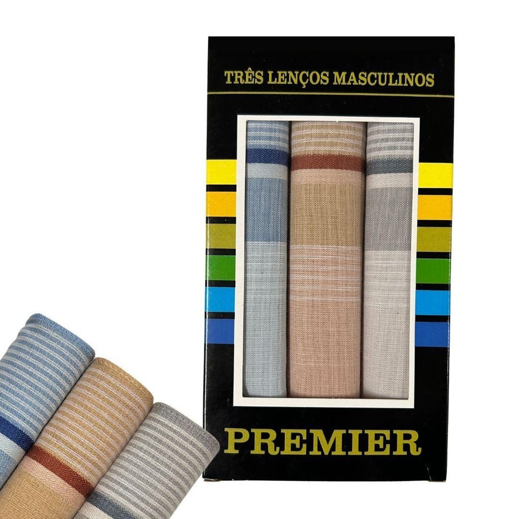 Kit c/ 3 Lenço Masculino de Algodão Cores Sortidas Premier