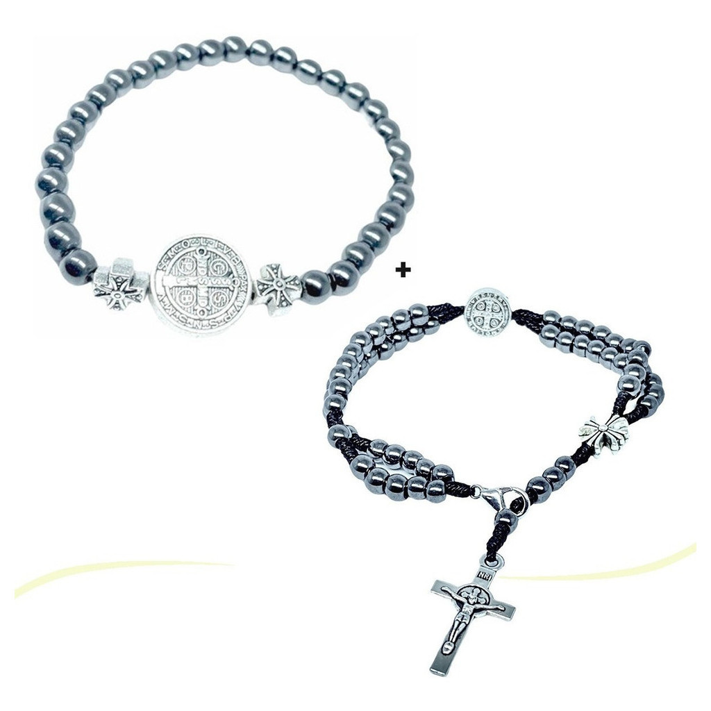 Pulseira Hematita + Terço De Pulso Hematita São Bento