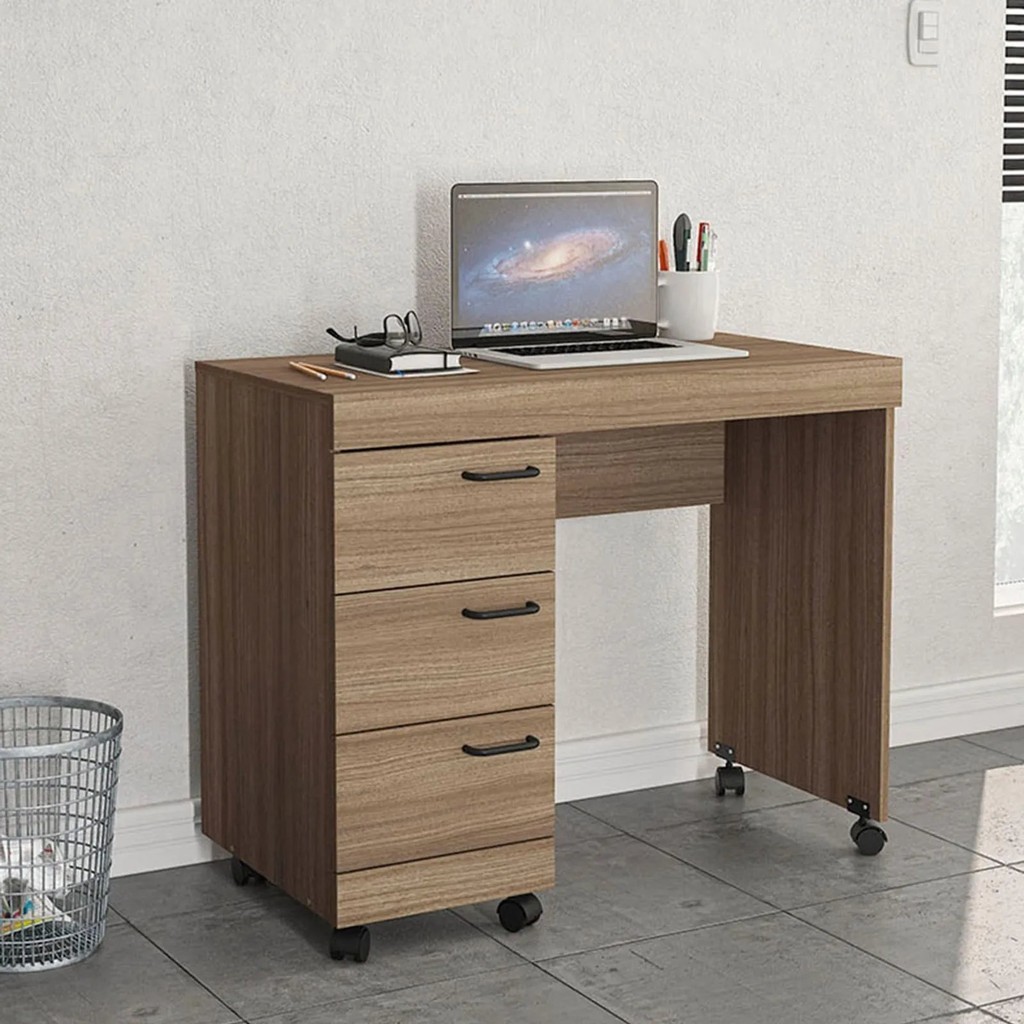 Escrivaninha Mesa Escritório 90cm 3 Gavetas Osaka Castanho em Oferta na Shopee