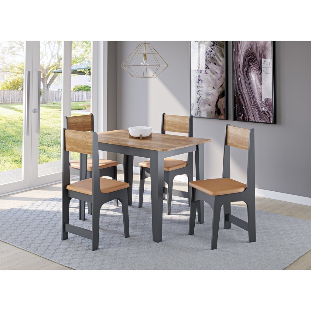 Conjunto Sala de Jantar Mesa Nicoli Retangular 110x68cm com 4 Cadeiras Delta Cinza/Mel - Home & Living