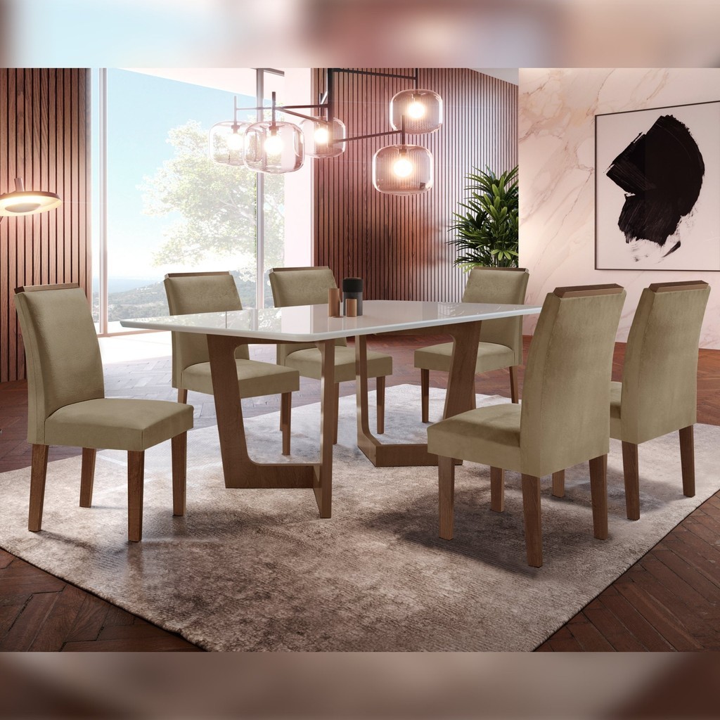 Conjunto Sala de Jantar Nápoles Tampo Vidro/mdf com 6 Cadeiras Luísa Smart Plus Chocolate/Off White/Areia em Oferta na Shopee