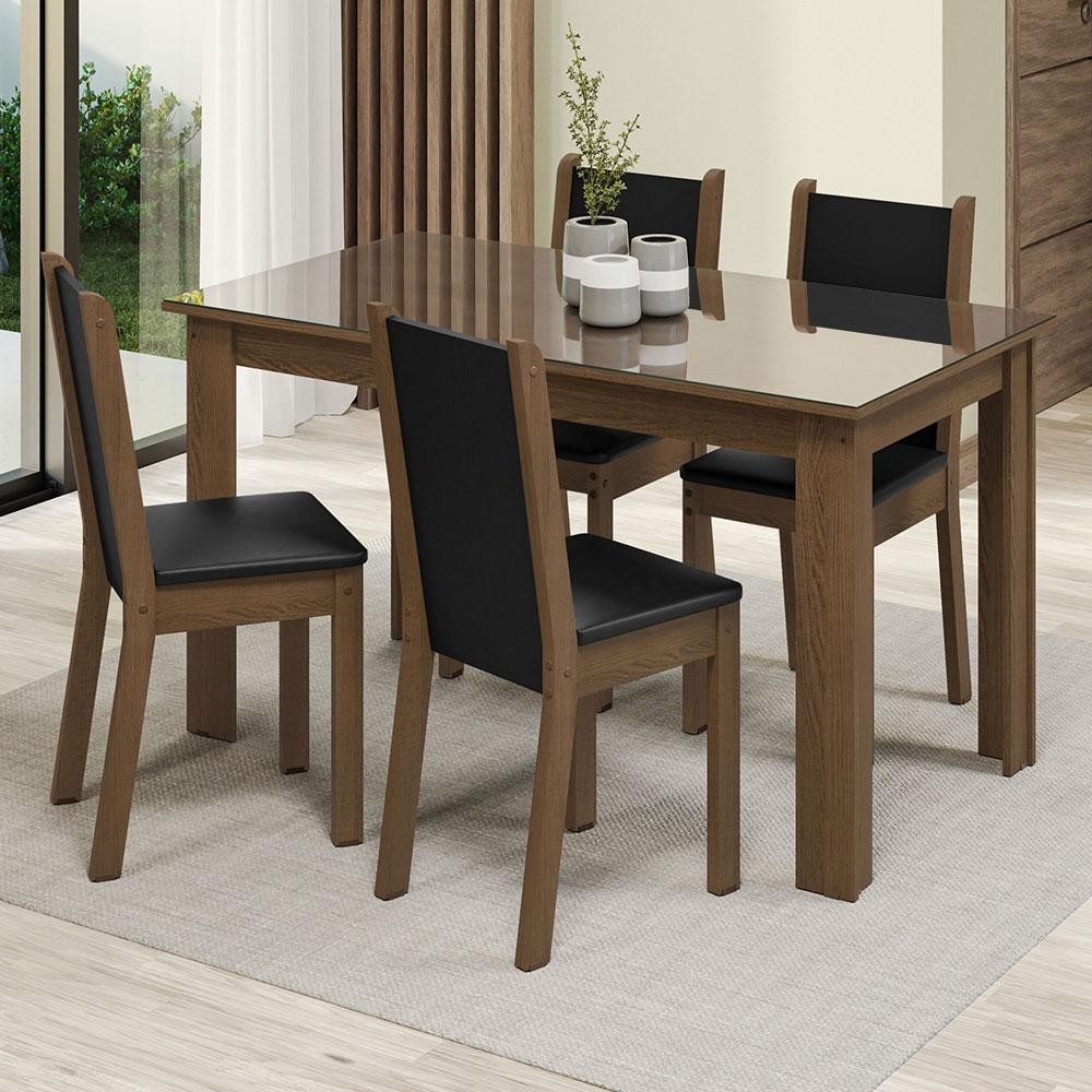 Conjunto Sala de Jantar Mesa Tampo de Vidro 4 Cadeiras Rustic/Preto Suzy Madesa - Home & Living