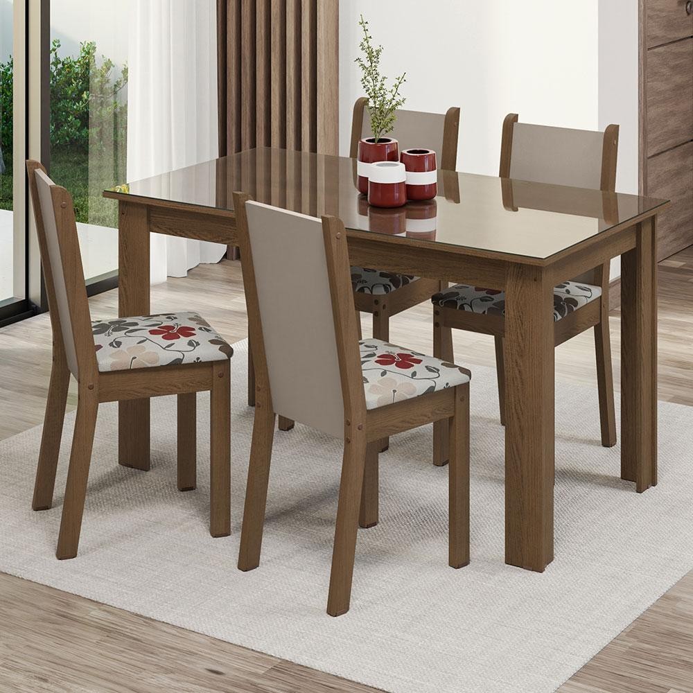 Conjunto Sala de Jantar Mesa Tampo de Vidro 4 Cadeiras Rustic/Crema/Hibiscos Suzy Madesa - Home & Living