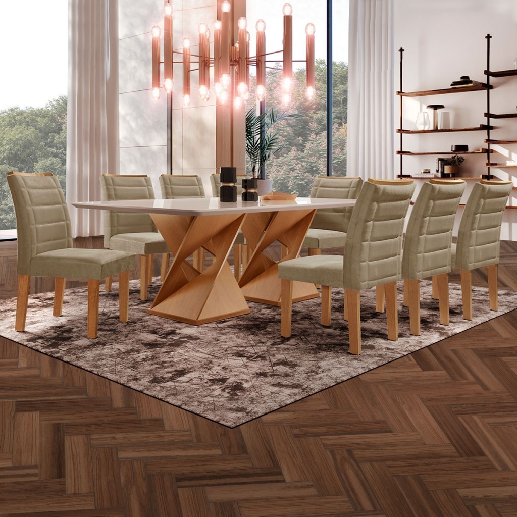 Mesa de Jantar 8 Lugares Genova com Vidro Cinamomo/Off White/Marrom Claro - Cel Móveis em Oferta na Shopee