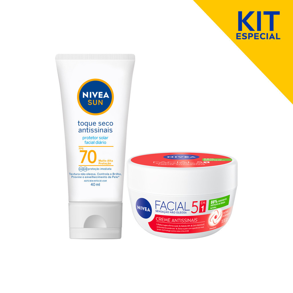 KIT NIVEA SUN Protetor Solar Facial Antissinais Fps70 40ml + Creme Facial Antissinais 100g
