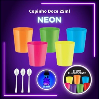 Kit 30 Copinhos de Doce Neon Brilha na Luz Negra 25 ml  + 30 Colherzinhas em Oferta na Shopee