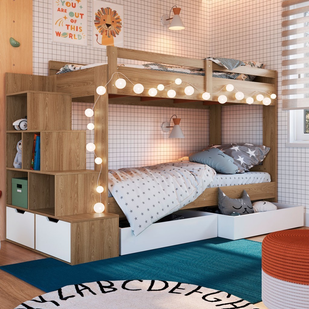 Beliche 4 Gavetas com Escada Aveiro Oak/Branco - Completa Móveis