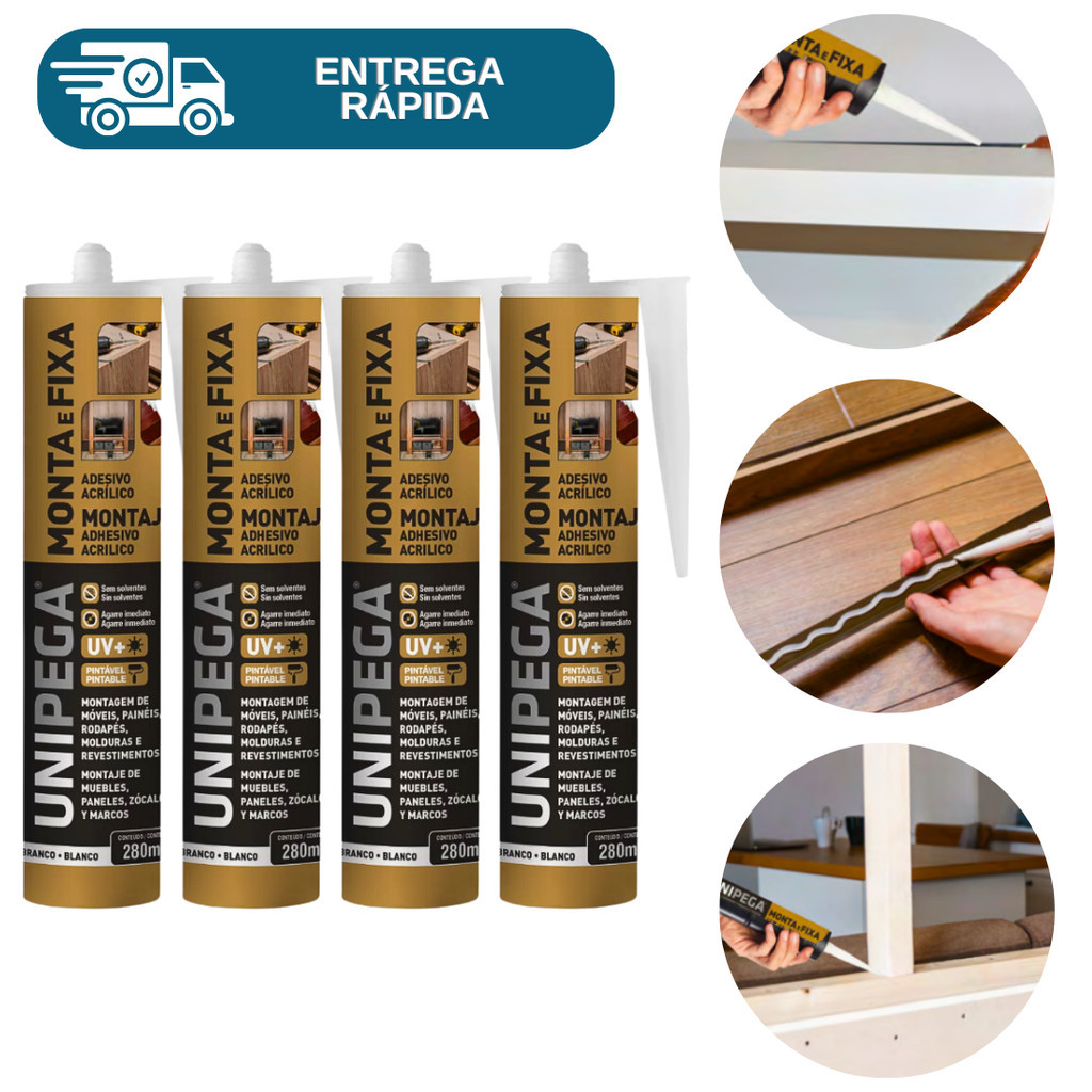 Kit 4 Cola Monta e Fixa Adesivo Selante 400g Unipega Móveis Prateleira Esquadria Rodapé Concreto