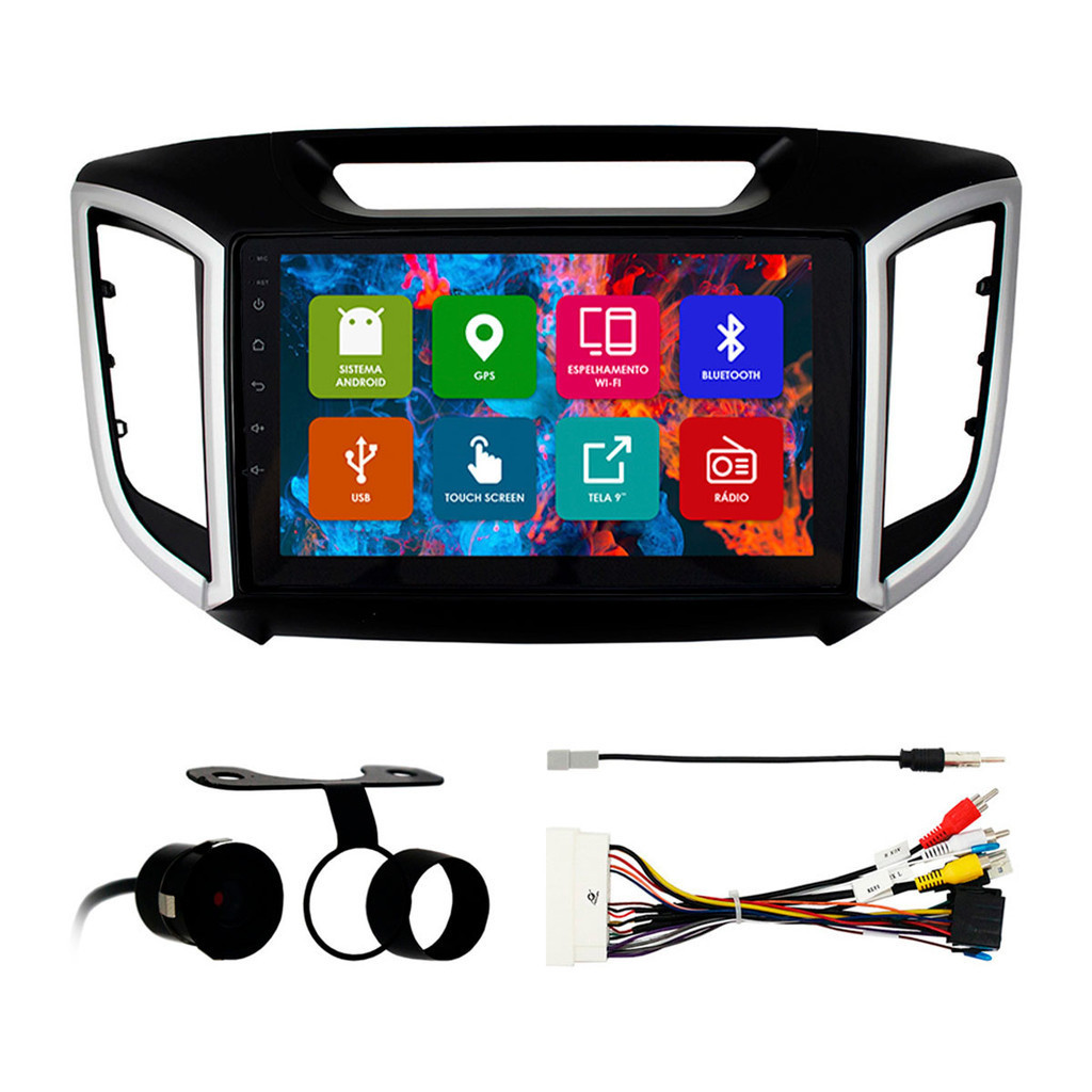 Kit Multimídia 9 Pol Creta 2017 2018 2019 20 Android 2Gb Ram 32Gb Flash Quad-Core 2 Din Preto Gps Wifi Ips Camera Ré em Oferta na Shopee