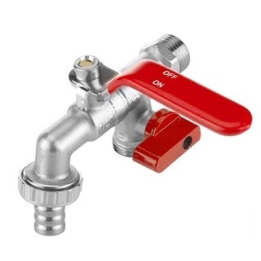Torneira Esfera Dupla para Tanque e Máquina de Lavar Roupa de Lavanderia Metal Parede - 2 Saídas Bico 1/2x3/4
