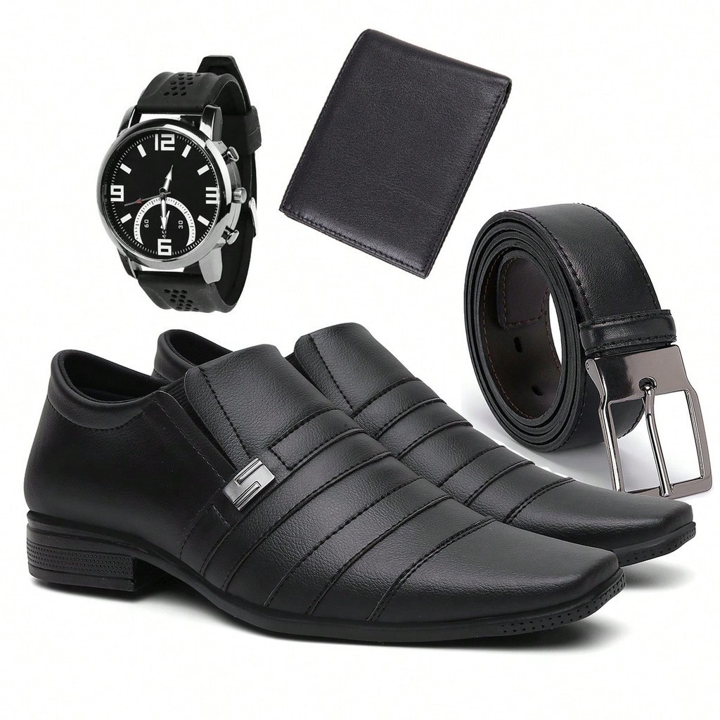 Combo Sapato Social Masculino Formal Couro Macio Elegante Sapato Casual Anatômico Leve Com Relógio, Cinto e Carteira