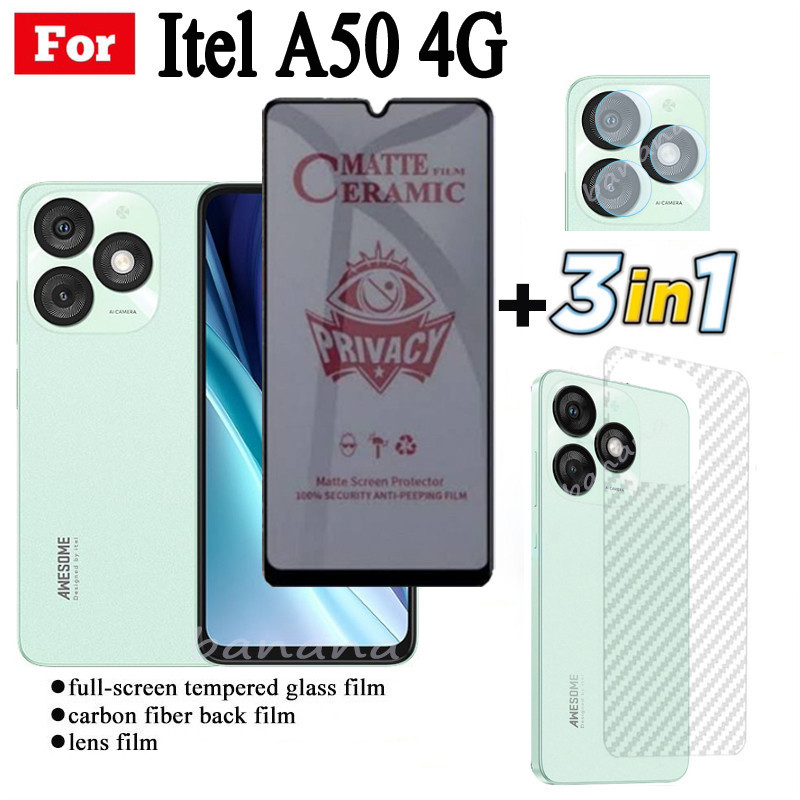 3 Em 1 Itel A50 4G Película Cerâmica Anti-Espionagem Para RS4 S24 S23 P55 P55 + A70 Protetor De Tela De Vidro Da Lente Câmera E Filme Traseiro