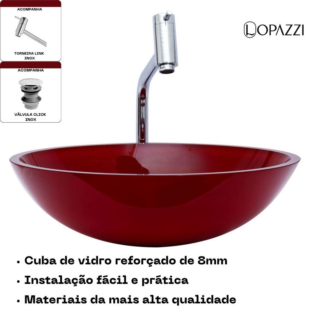 KIT LOPAZZI CUBA BANHEIRO REDONDA 35 CM + TORNEIRA VÁLVULA E SIFÃO INOX