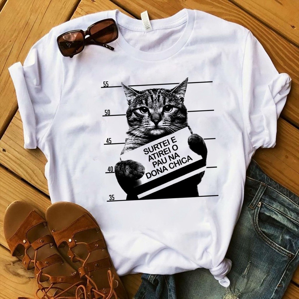 camisa Camiseta Branca engraçada Gato Canção Surtei Dona Chica p ao g5