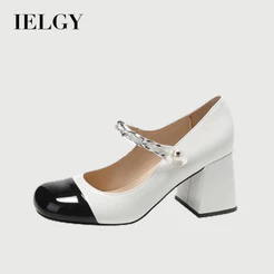 IELGY Preto E Branco Cor Combinando retro Pequena Fragrância Estilo Dedo Do Pé Quadrado Salto Grosso Corrente Sapatos Fe