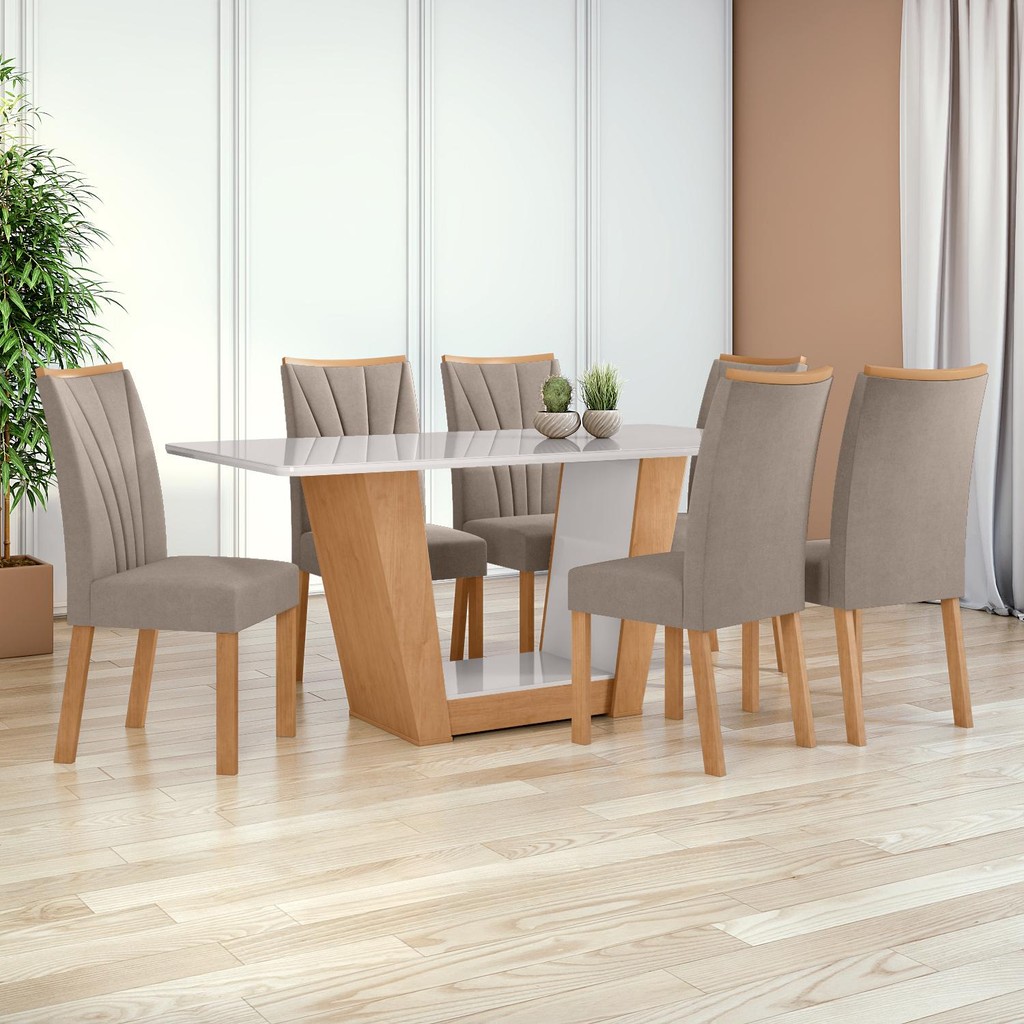 Mesa de Jantar 1,70 Apogeu com vidro e 6 cadeiras Apogeu tecido Suede Animale Amêndoa /Off - Home & Living