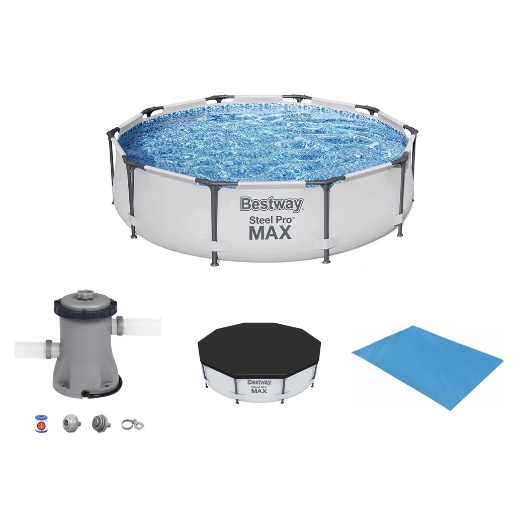 110v - Piscina Bestway 5000 Litros Steel Pro Max CINZA 56406 com Bomba Filtrante 110v CAPA e FORRO ( 4678 Litros )