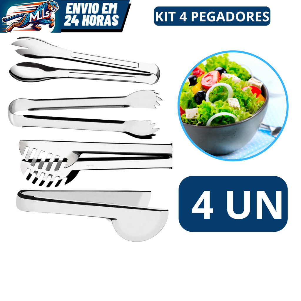 Kit 4 Peças Pegador de Massa de 20cm Pegador de Salada Pegador Universal de 20cm Pegador de Gelo de 18,5cm em Aço Inox