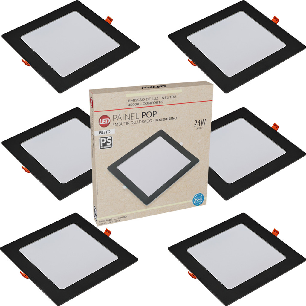 Kit 6 Luminária Painel Plafon 24W Quadrado Embutir Luz Neutra 4000K Led Bivolt 127v 220v Avant em Oferta na Shopee