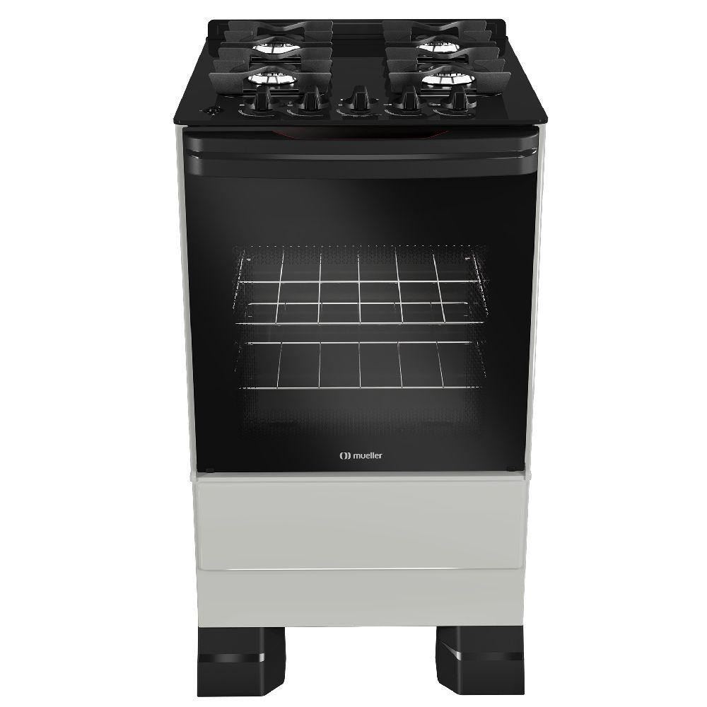 Fogão Mueller 4 Bocas Titanio Bivolt Mesa De Vidro Grades Ferro Fundindo MFV4BF