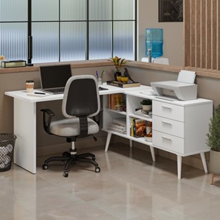Mesa de Escritório em L 3 Gavetas Branco Lisboa Madesa em Oferta na Shopee
