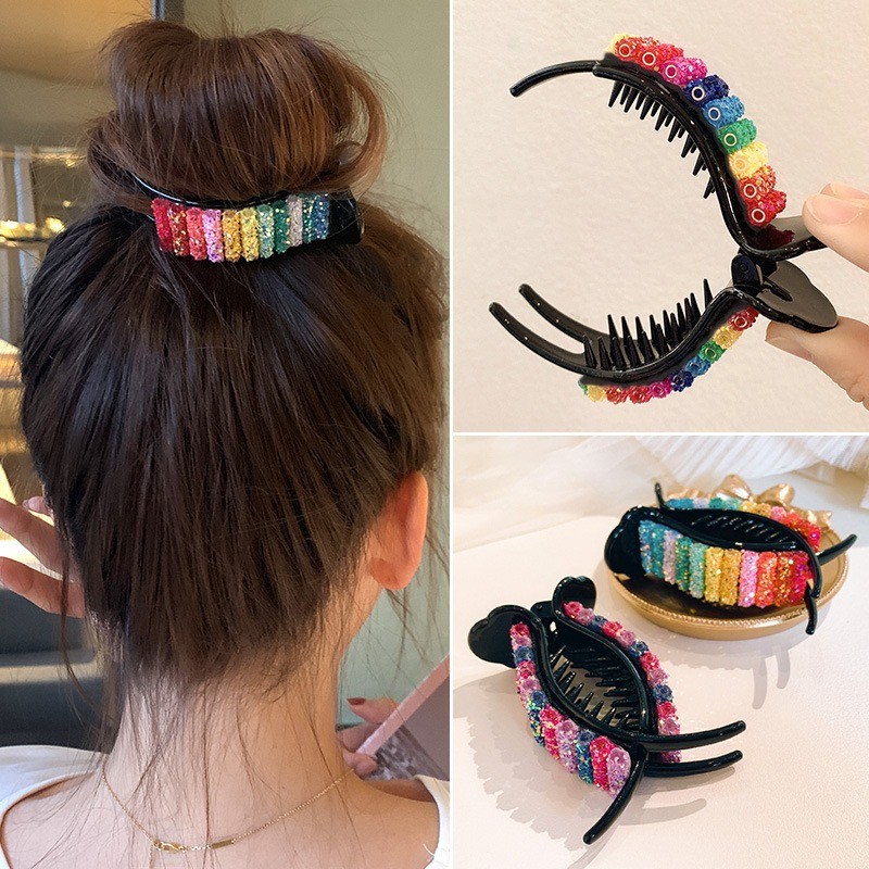 Moda Colorida Arco-Íris Grampos De Cabelo Feminino Elegante Pérola Coque Garras Baixo Rabo De Cavalo Apertos em Oferta na Shopee