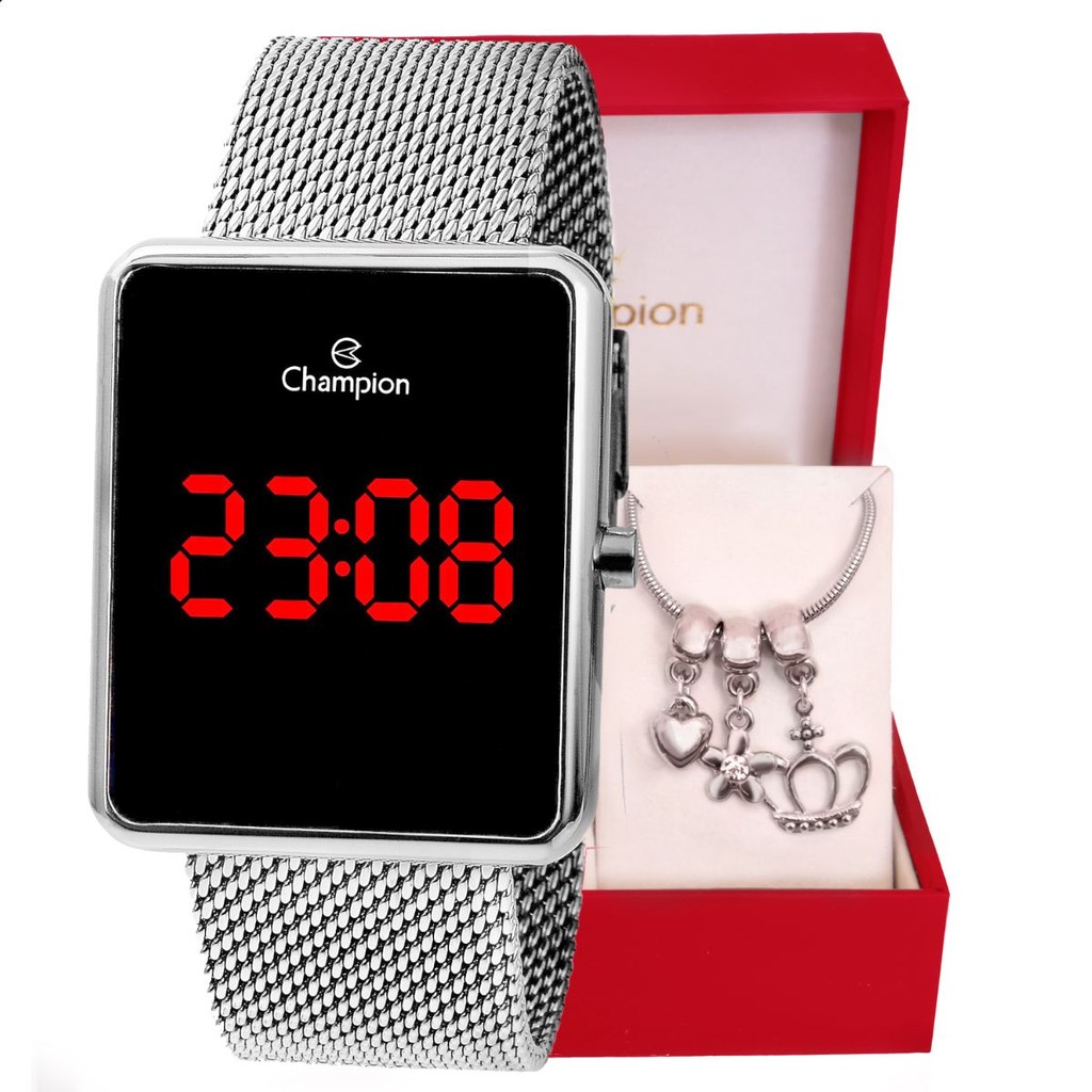 Kit Relógio Champion Feminino Digital Quadrado Prata CH40083T + Pulseira Berloques em Oferta na Shopee