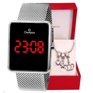 Kit Relógio Champion Feminino Digital Quadrado Prata CH40083T + Pulseira Berloques em Oferta na Shopee