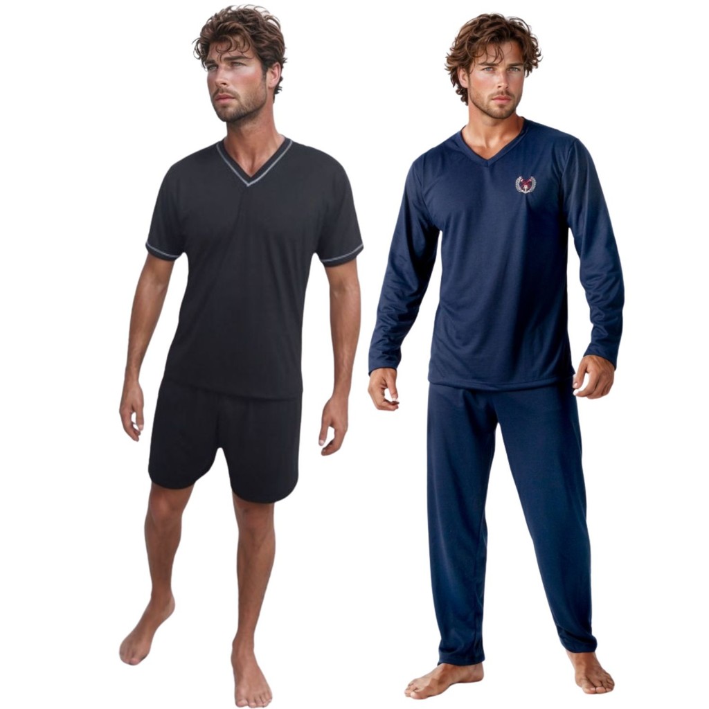 Kit 2 Pijamas Masculino Inverno Manga e Calça Comprida Mais Pijama Verão Manga Curta e Short
