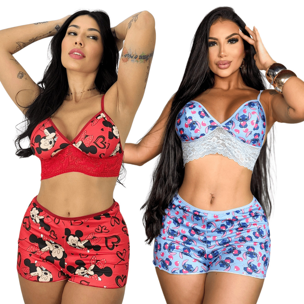 Kit 2 Baby Doll Personagem Croped Short Suede Detalhe de Renda Pijama Feminino em Oferta na Shopee