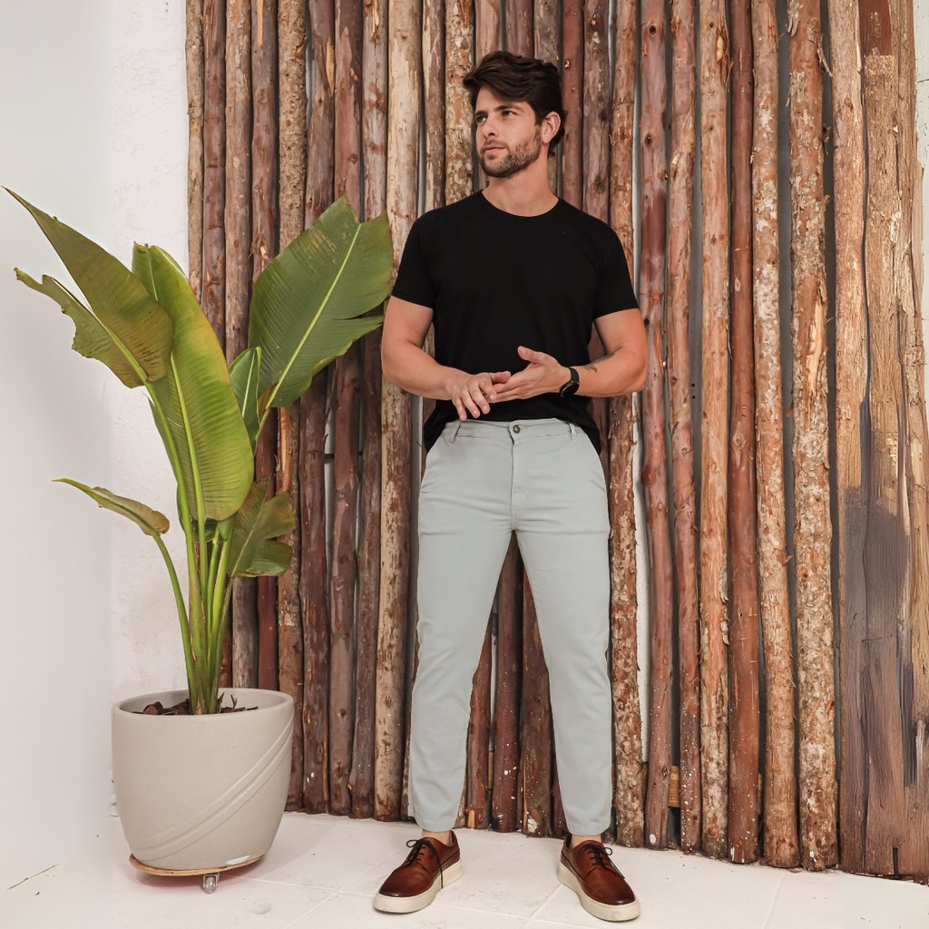Calça Masculina Alfaiataria Sarja Super Skinny Lycra Bolsos