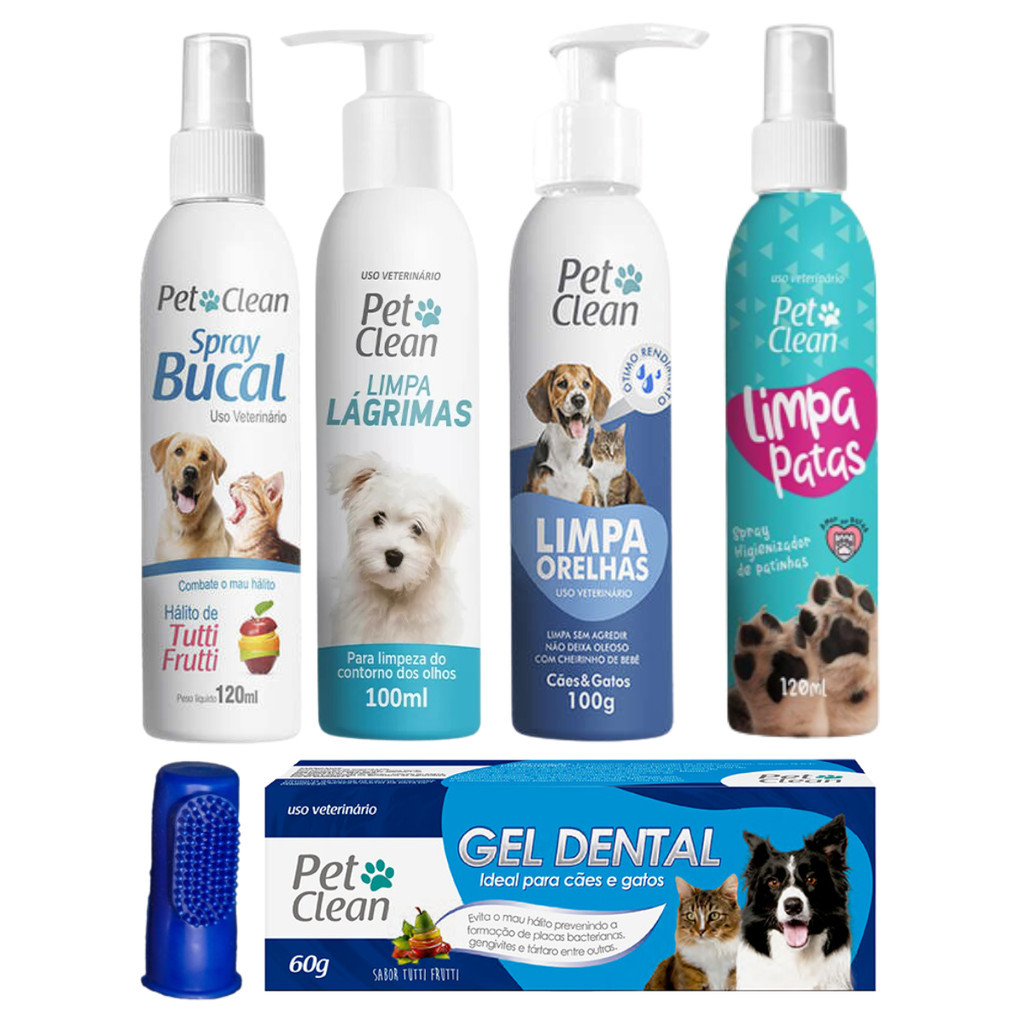 Combo Kit Higiene Pet Limpeza Bucal + Limpa Lágrimas + Limpa Orelhas + Limpa Patas para Cães