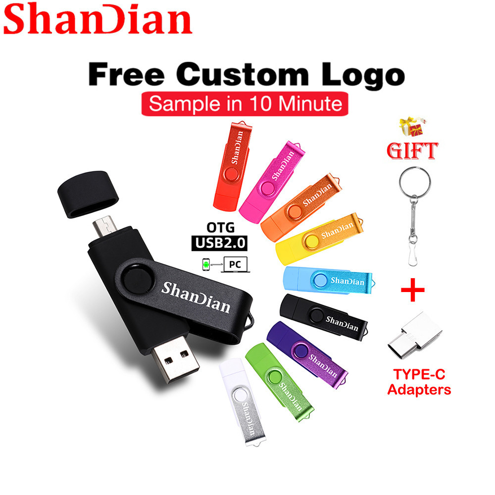 SHANDIAN (1PCS Logotipo Gratuito) Unidade Flash USB 128GB 2IN1 OTG Pendrive 64GB Adaptador TYPE-C Livre Pen Drive 32GB Flashdrive Rotativo 16GB Chave Corrente Gift Thumbdrive 8GB Memory Stick 4GB
