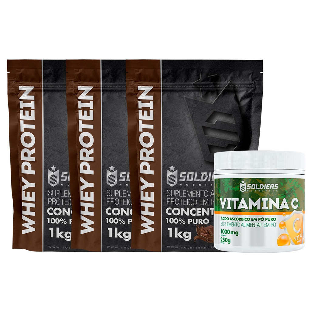 Kit: Whey Protein Concentrado 3kg + Vitamina C 250g Soldiers Nutrition Proteína Muscular em Oferta na Shopee