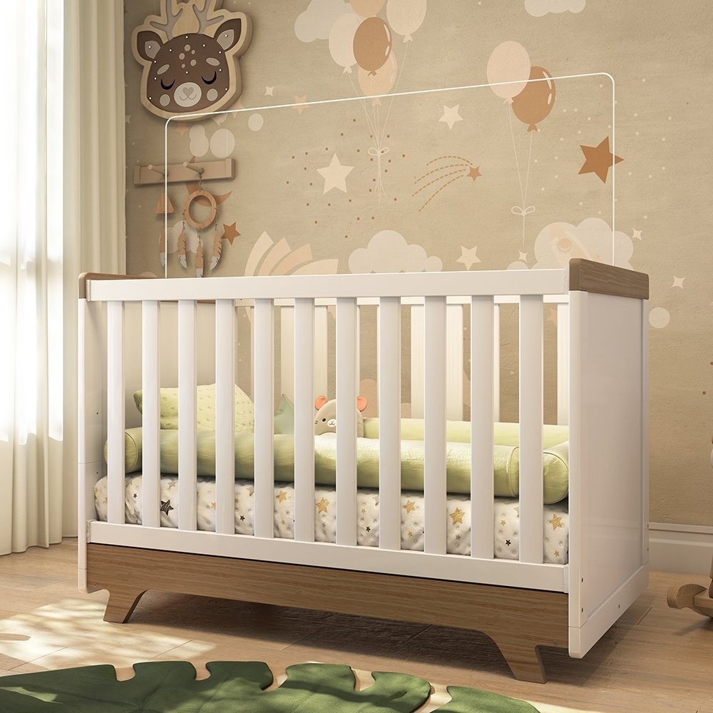 Berço Mini Cama Retrô  Branco Brilho/Carvalho - Mom & Baby