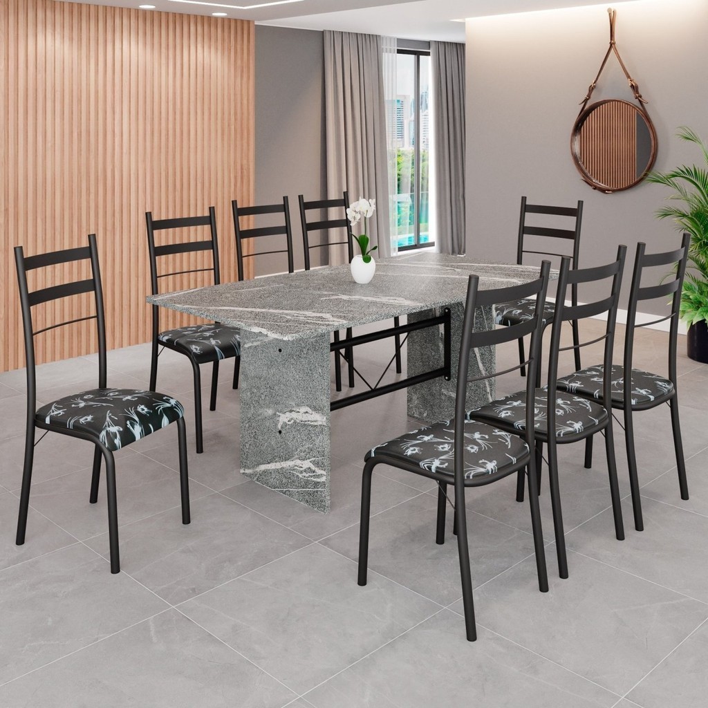 Conjunto Sala de Jantar Mesa Retangular 180x75cm Tampo Granito Topázio 8 Cadeiras Marselha Preto Floral/Preto