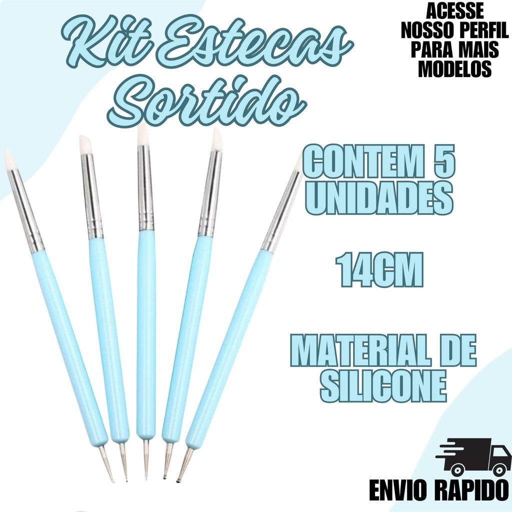 Kit 5 - Estecas Pincel Silicone Modelador Biscuit Artesanato