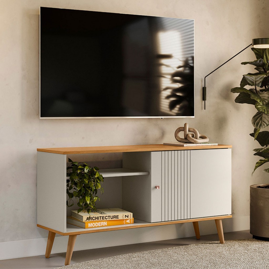 Rack para TV Até 50 Polegadas Rubi 1 Porta 1 Prateleira Nature/Off White - Linea Brasil em Oferta na Shopee