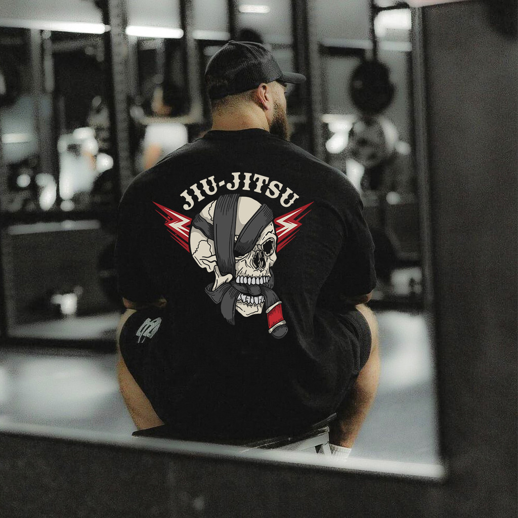 Camisa Oversized Masculino Jiu Jitsu Caveira Faixa Preta 100% Algodão Roupa de Academia