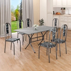 Conjunto Sala de Jantar Mesa Retangular 140x75cm Tampo Granito Topázio 6 Cadeiras Linda Yescasa Prata/Preto Floral