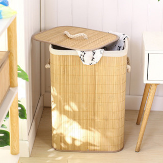 Cesto de Roupa Suja 72 LITROS Lavanderia Bambu c/ Tampa Retangular Forrado Quarto Banheiro...