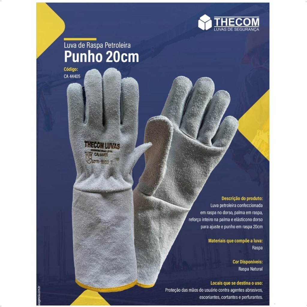 Luva EPI Couro Raspa Petroleira Cano Longo 20cm Reforçada CA 44.405