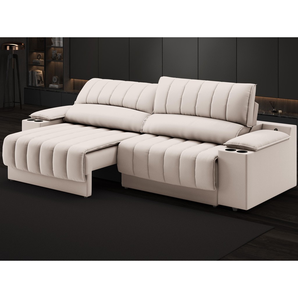 Sofá com Porta Copos Carregador USB Ret Rec Murano 2,00m Velosuede Areia - NETSOFAS em Oferta na Shopee
